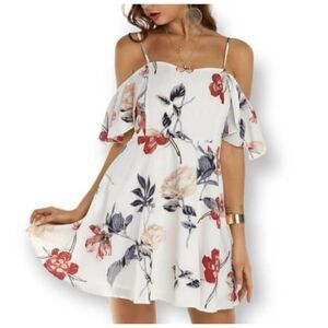 SUCREFAS WHITE & PINK FLORAL COLD SHOULDER DRESS SZ.S EUC.